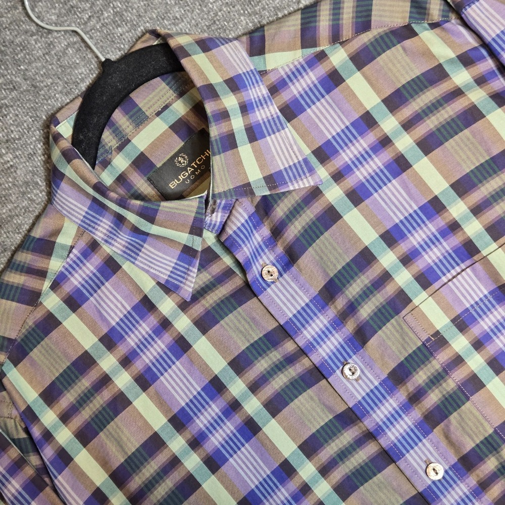 Bugatchi Uomo Men's Button Shirt Sz M Plaid Striped Sz M Cotton Purple Muticolor
